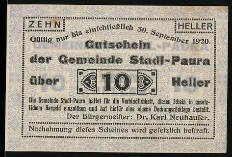 Notgeld Stadl-Paura 1920, 10 Heller, Textgutschein mit Einlösehinweis und Verfallsdatum