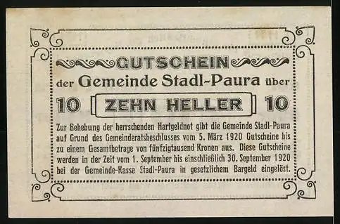 Notgeld Stadl-Paura 1920, 10 Heller, Textgutschein mit Einlösehinweis und Verfallsdatum