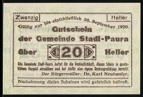 Notgeld Stadl-Paura 1920, 20 Heller, Gutschein der Gemeinde, gültig bis 30. September 1920