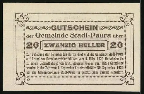 Notgeld Stadl-Paura 1920, 20 Heller, Gutschein der Gemeinde, gültig bis 30. September 1920