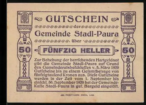 Notgeld Stadl-Paura 1920, 50 Heller, Schrift-Motiv mit Verzierungen