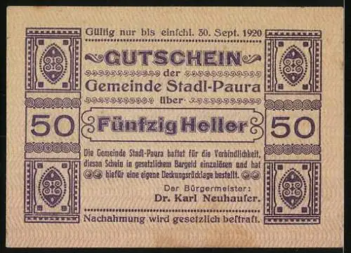 Notgeld Stadl-Paura 1920, 50 Heller, Schrift-Motiv mit Verzierungen