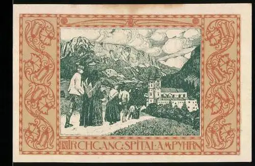 Notgeld Spital am Pyhrn 1920, 60 Heller, Landschaft mit Kirche und Bergen, dekorative Ornamente