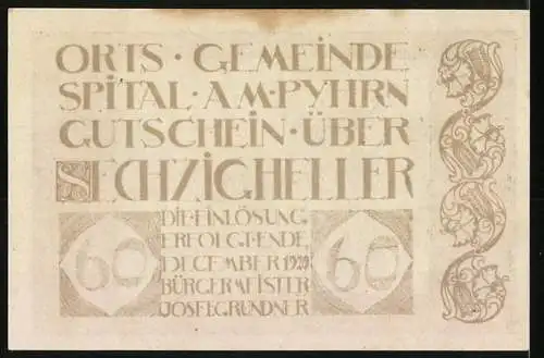 Notgeld Spital am Pyhrn 1920, 60 Heller, Landschaft mit Kirche und Bergen, dekorative Ornamente