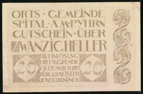 Notgeld Spital am Pyhrn 1920, 20 Heller, Alte Sensenschmiede-Motiv