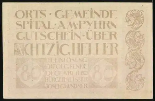 Notgeld Spital am Pyhrn 1920, 80 Heller, Skifahrer auf verschneitem Hang im Gebirge