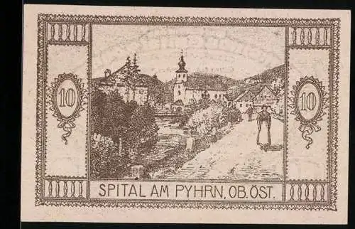 Notgeld Spital am Pyhrn 1920, 10 Heller, Dorflandschaft mit Kirche und Bergen