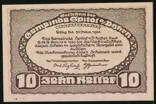 Notgeld Spital am Pyhrn 1920, 10 Heller, Dorflandschaft mit Kirche und Bergen