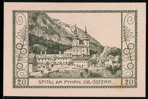 Notgeld Spital am Pyhrn 1920, 20 Heller, Berglandschaft mit Kirche und Gebäuden