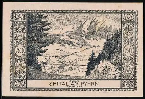 Notgeld Spital am Pyhrn 1921, 50 Heller, Berglandschaft und Dorfansicht