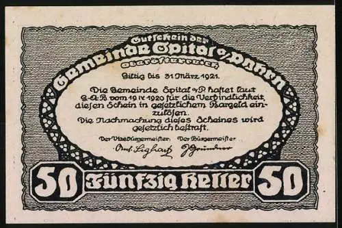 Notgeld Spital am Pyhrn 1921, 50 Heller, Berglandschaft und Dorfansicht