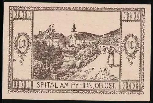 Notgeld Spital am Pyhrn 1921, 10 Heller, Dorflandschaft mit Kirche und Fluss