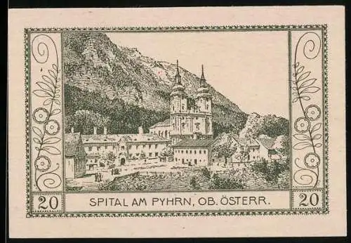 Notgeld Spital am Pyhrn 1921, 20 Heller, Kloster und Berglandschaft