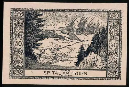 Notgeld Spital am Pyhrn 1921, 50 Heller, Berglandschaft und Textpassage