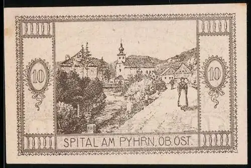 Notgeld Spital am Pyhrn 1920, 10 Heller, Landschaftsansicht mit Kirche und Fluss