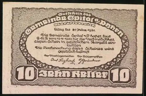 Notgeld Spital am Pyhrn 1920, 10 Heller, Landschaftsansicht mit Kirche und Fluss