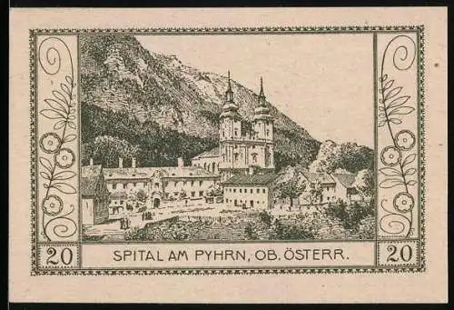 Notgeld Spital am Pyhrn 1921, 20 Heller, Klosteransicht vor Bergkulisse