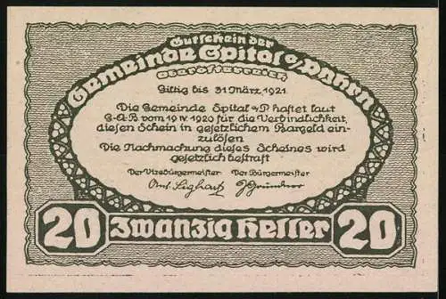 Notgeld Spital am Pyhrn 1921, 20 Heller, Klosteransicht vor Bergkulisse