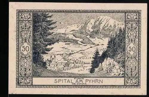 Notgeld Spital am Pyhrn 1921, 50 Heller, Landschaftspanorama mit Bergen und Dorfansicht