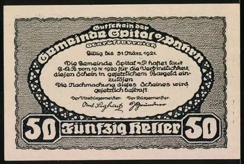 Notgeld Spital am Pyhrn 1921, 50 Heller, Landschaftspanorama mit Bergen und Dorfansicht