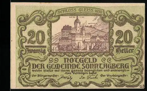 Notgeld Sonntagberg 1920, 20 Heller, Schloss Gleiss 1630, poetischer Spruch