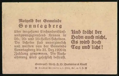 Notgeld Sonntagberg 1920, 20 Heller, Schloss Gleiss 1630, poetischer Spruch