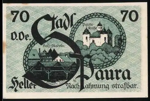 Notgeld Stadl-Paura 1920, 70 Heller, Stadtansicht und Kirche als Motiv