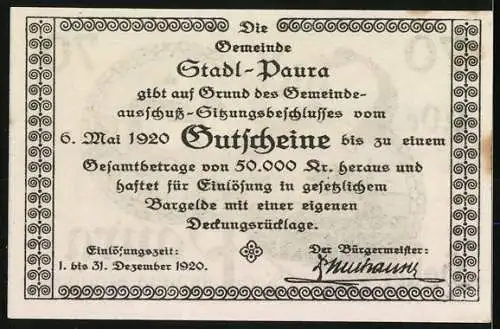 Notgeld Stadl-Paura 1920, 70 Heller, Stadtansicht und Kirche als Motiv