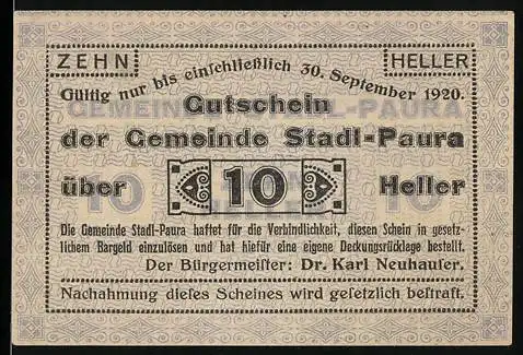 Notgeld Stadl-Paura 1920, 10 Heller, Gutschein der Gemeinde Stadl-Paura, gültig bis 30. September 1920