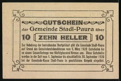 Notgeld Stadl-Paura 1920, 10 Heller, Gutschein der Gemeinde Stadl-Paura, gültig bis 30. September 1920