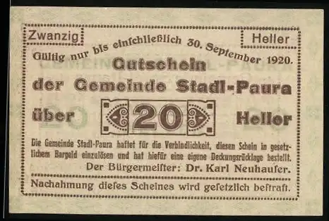 Notgeld Stadl-Paura 1920, 20 Heller, Text und Verzierungen