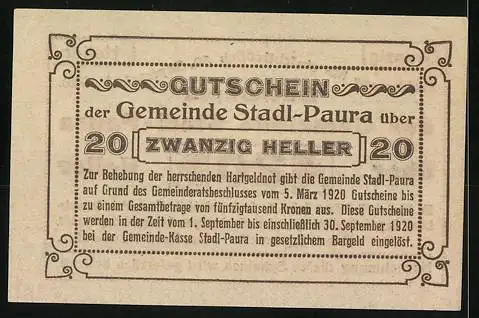 Notgeld Stadl-Paura 1920, 20 Heller, Text und Verzierungen