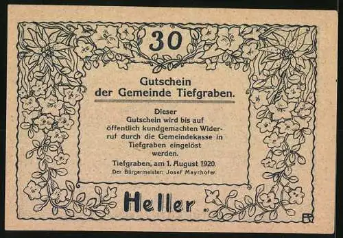 Notgeld Tiefgraben 1920, 30 Heller, Kolomann-Kapelle mit Berglandschaft und Blumendekor