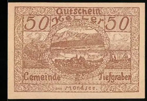 Notgeld Tiefgraben 1920, 50 Heller, Landschaft am Mondsee mit floralen Ornamenten