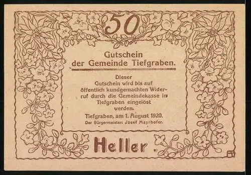 Notgeld Tiefgraben 1920, 50 Heller, Landschaft am Mondsee mit floralen Ornamenten