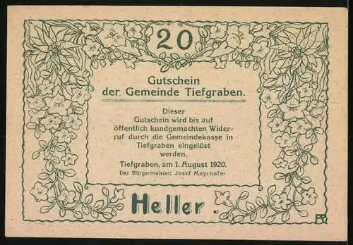 Notgeld Tiefgraben 1920, 20 Heller, Bauernhaus-Motiv und dekorativer Blumenrahmen