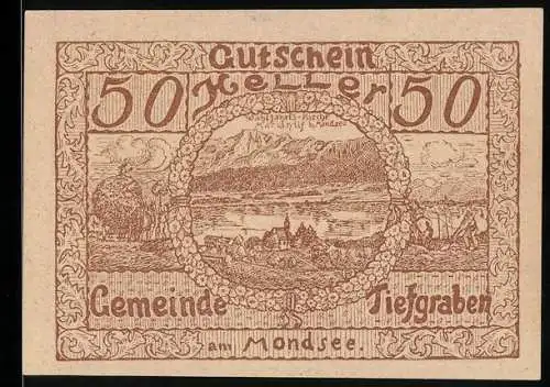 Notgeld Tiefgraben 1920, 50 Heller, Landschaft mit See und Bergen, floraler Rahmen, Gemeinde Tiefgraben