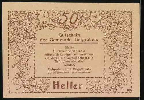 Notgeld Tiefgraben 1920, 50 Heller, Landschaft mit See und Bergen, floraler Rahmen, Gemeinde Tiefgraben