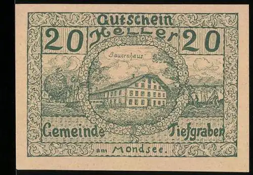 Notgeld Tiefgraben 1920, 20 Heller, Bauernhaus und Blumenmuster