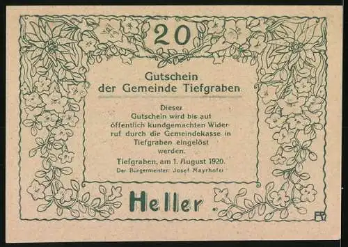 Notgeld Tiefgraben 1920, 20 Heller, Bauernhaus und Blumenmuster