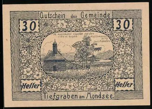 Notgeld Tiefgraben am Mondsee 1920, 30 Heller, St. Kolomann-Kapelle mit Berglandschaft