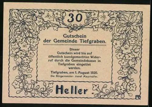 Notgeld Tiefgraben am Mondsee 1920, 30 Heller, St. Kolomann-Kapelle mit Berglandschaft