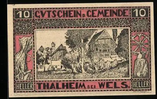 Notgeld Thalheim bei Wels 1920, 10 Heller, ländliche Häuser und Mühlenmotiv