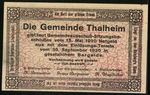 Notgeld Thalheim bei Wels 1920, 10 Heller, ländliche Häuser und Mühlenmotiv