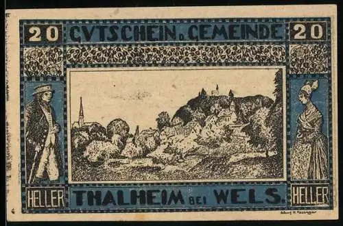 Notgeld Thalheim bei Wels 1920, 20 Heller, Dorflandschaft mit mittelalterlichen Figuren