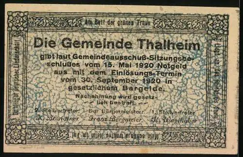 Notgeld Thalheim bei Wels 1920, 20 Heller, Dorflandschaft mit mittelalterlichen Figuren