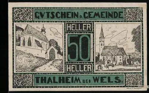 Notgeld Thalheim bei Wels 1920, 50 Heller, Kirchenansichten und dekorative Ornamente