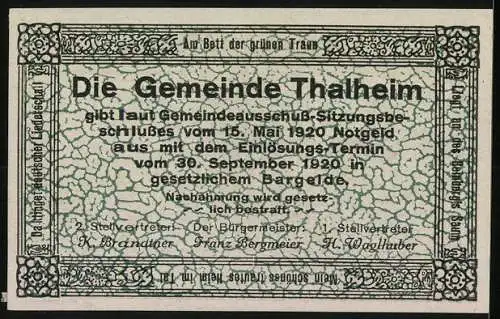 Notgeld Thalheim bei Wels 1920, 50 Heller, Kirchenansichten und dekorative Ornamente