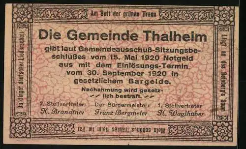 Notgeld Thalheim bei Wels 1920, 10 Heller, ländliches Haus und Mühle, florales Design