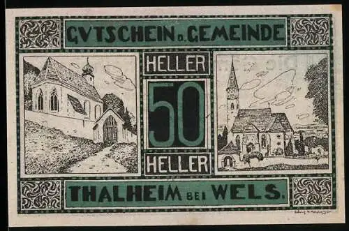 Notgeld Thalheim bei Wels 1920, 50 Heller, Kirche und Landschaftsmotive